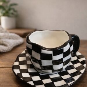 Checkered Black and White Mug with Saucer